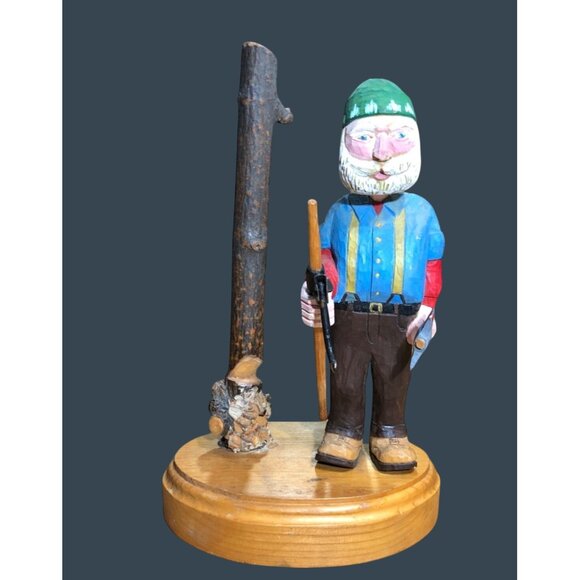 Wooden Carved Lumberjack Handcrafted Figure w Axe Folk Art Voght 1995 Primitive - Picture 2 of 10
